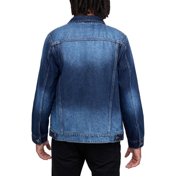 Mens Blue Denim Jacket Washed Ripped Distressed Stretch Casual Trucker - Picture 2 of 9